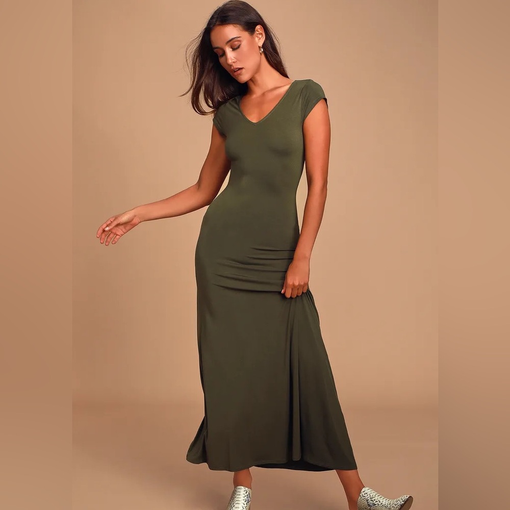 Lulus Siena Olive Green Short Sleeve Maxi Dress - XS